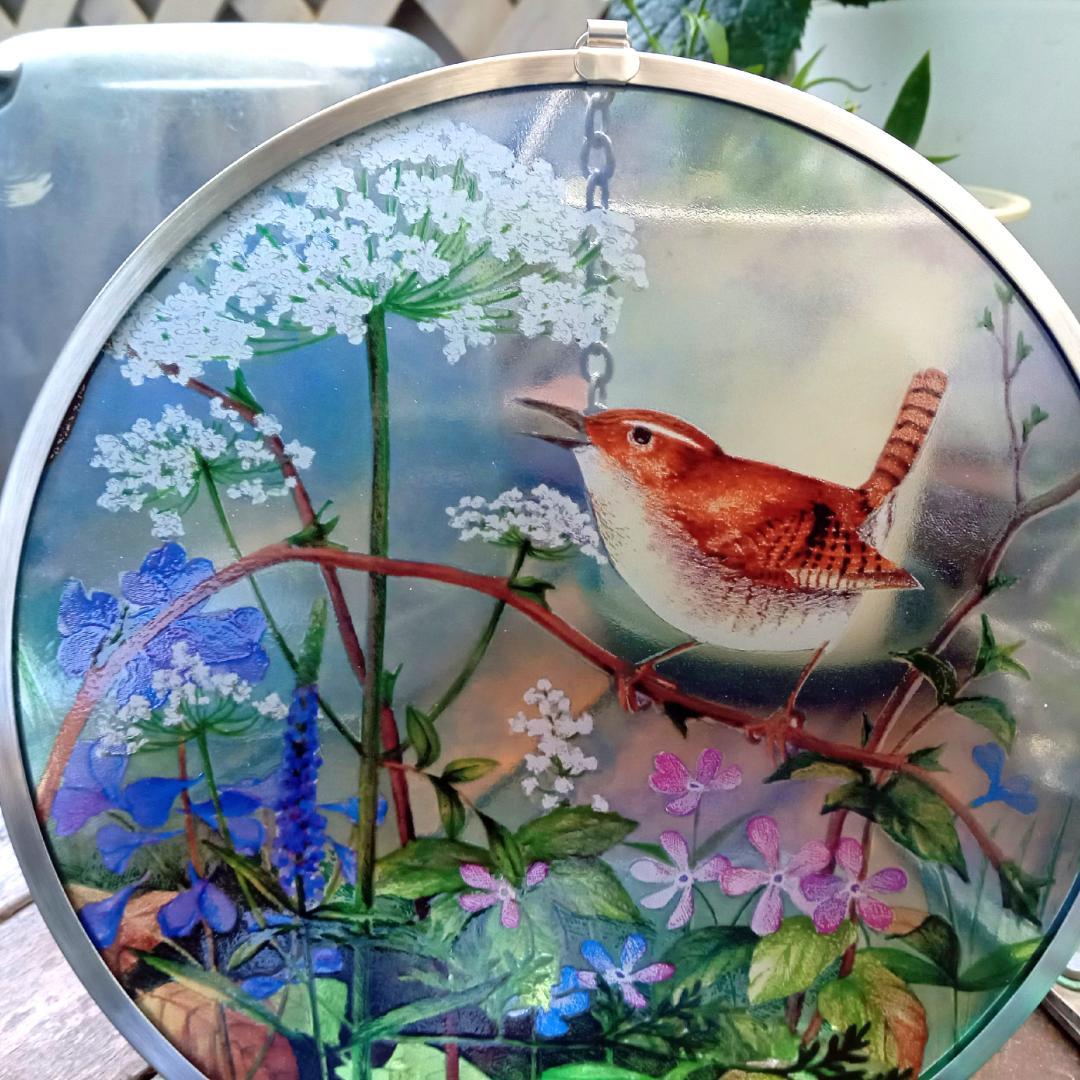 新品 花鳥・アメリカムシクイ スミレ サクラソウ カナダ・ステンドグラス社