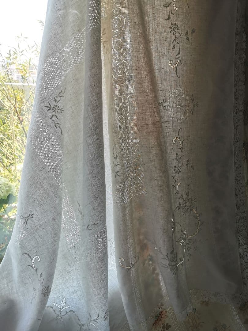 アンティーク手織りアイリッシュリネン フィレレース＆ニードルワーク 大判クロス