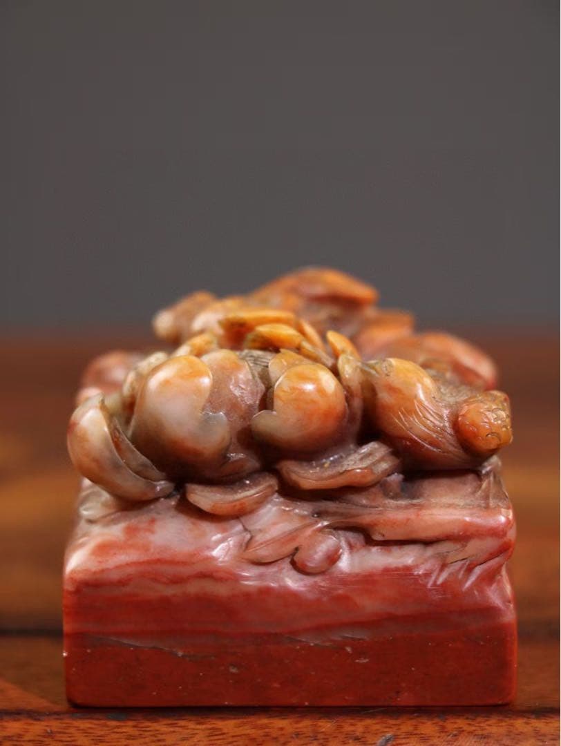 時代物　天然 芙蓉寿山石 彫刻　雙喜臨門　文房具　印鑑　縁起物　アンティーク