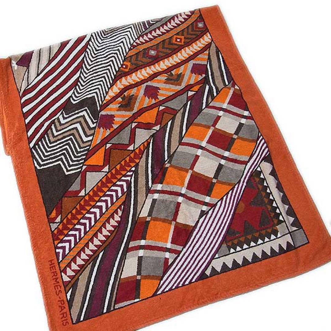 【HERMES】幾何学模様 ビーチタオル タオルケット 大判 オレンジ