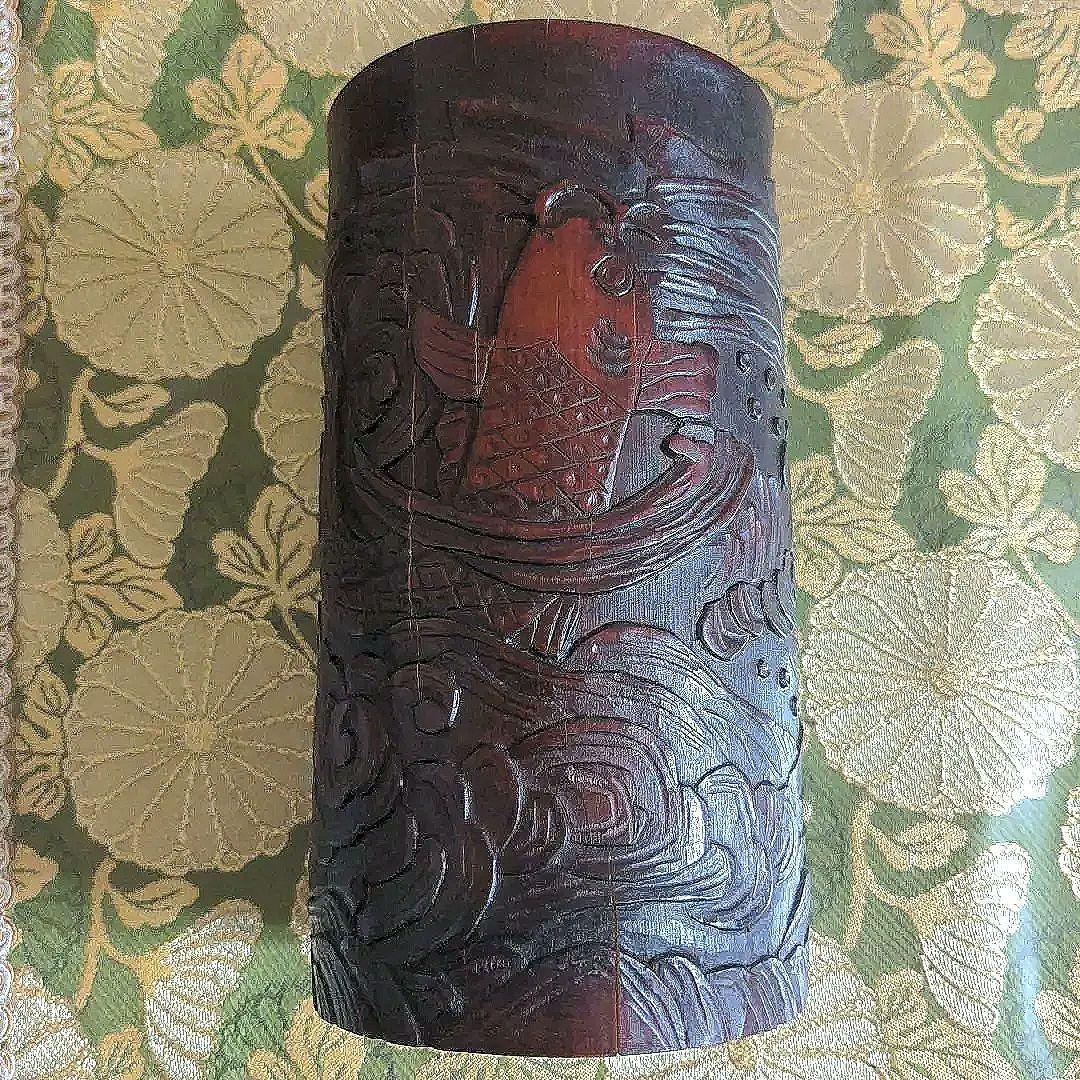 【最終価格】 中国骨董　鯉図　彫刻筆筒　時代品