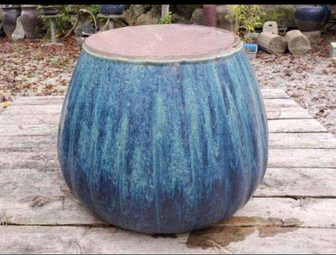 古中国火鉢　落款有り　海鼠釉薬　青緑色の陶器 火鉢　47×36㌢