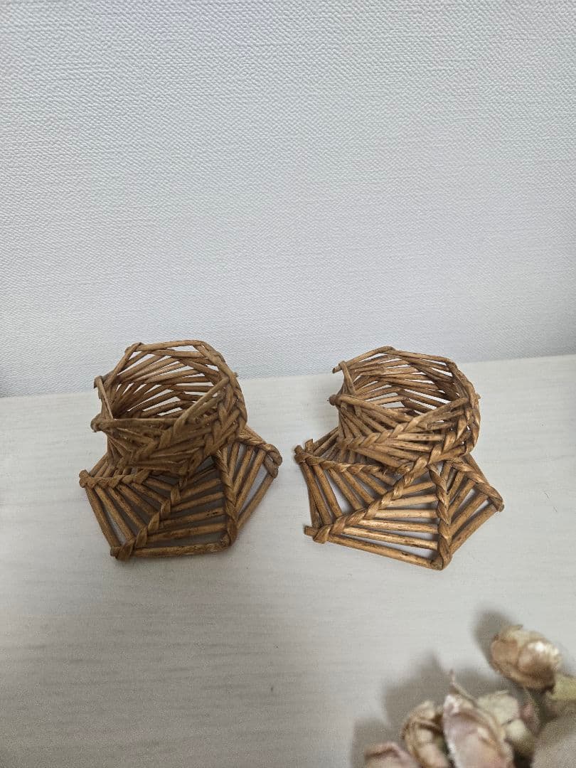 レア　フランス　アンティーク　柳　編み　エッグスタンド　ペア　ラタン