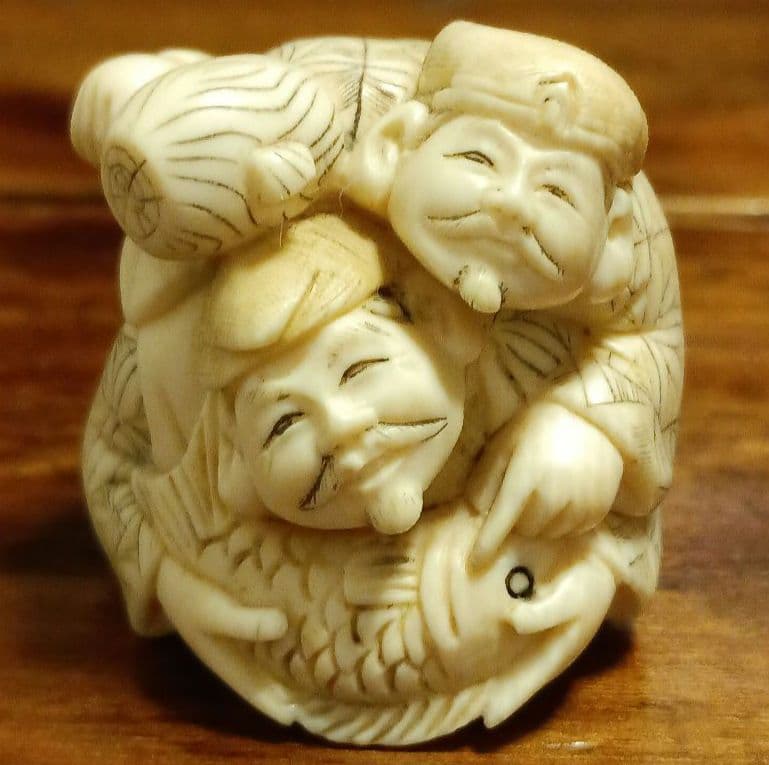 年代物 骨董 象牙風 在銘 恵比寿天 大黒天 根付 47ｇ 縁起物 商売繁盛