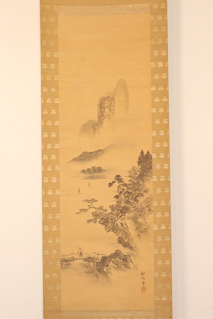 No5501掛軸　在名　探信筆 三幅　水墨　山水画　布袋図　紙本　合箱　送料無料