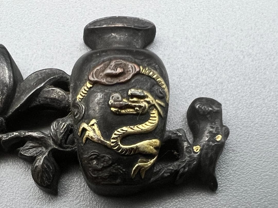 【海】江戸明治期　金具　龍　獅子　蛍文など　５点セット　金銀象嵌　銅鉄製　骨董品