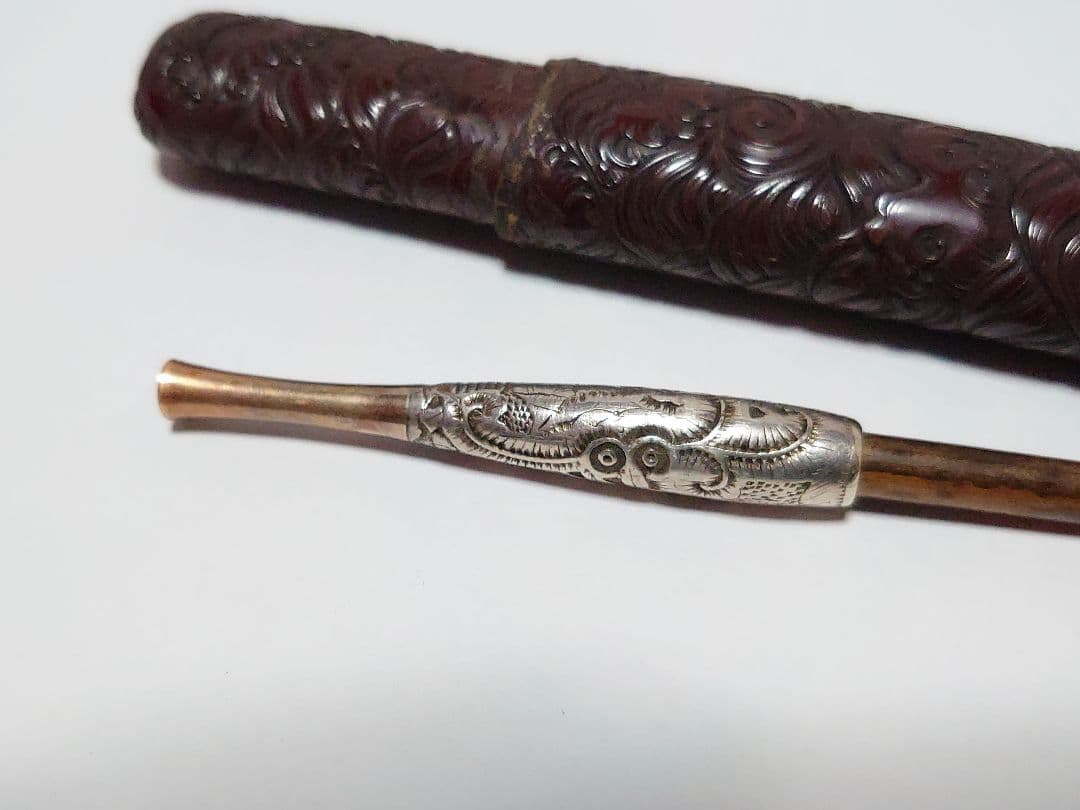 時代物 煙管 煙草入 煙管筒 金口 細工 彫刻 一式 骨董 アンティーク