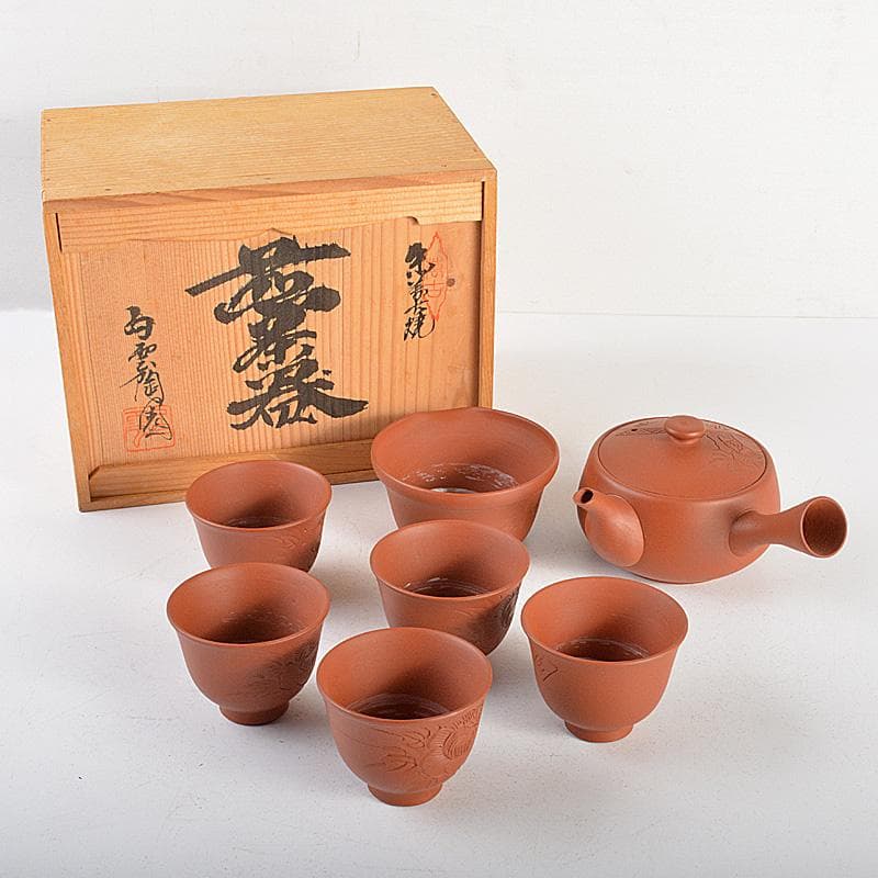 朱萬古焼　白雲陶園　朱泥　急須　湯冷　煎茶碗五客　煎茶器揃　共箱　6203C