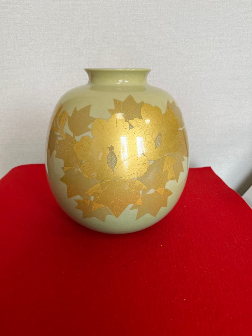 人間国宝 吉田美統『釉裏金彩 芙蓉文 花瓶』Y33 共箱 共布 陶歴 立札付