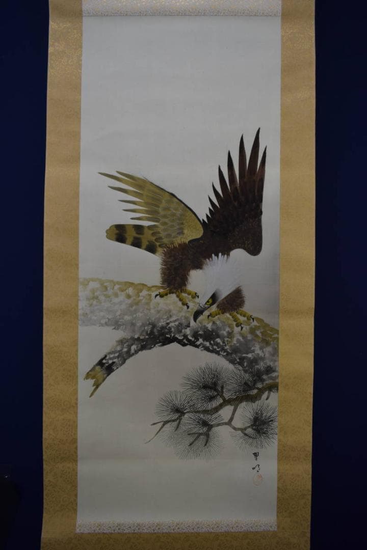 真作/翠明/松鷹図/桐共箱付/布袋屋掛軸HF-76
