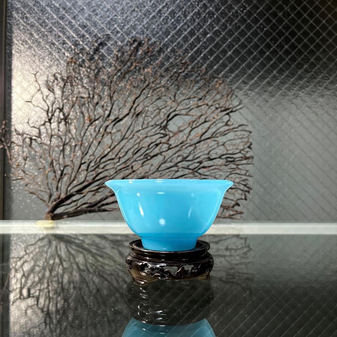骨董　時代ガラス　空色　練りガラス　反り口　小碗　氷コップ　ウランガラス