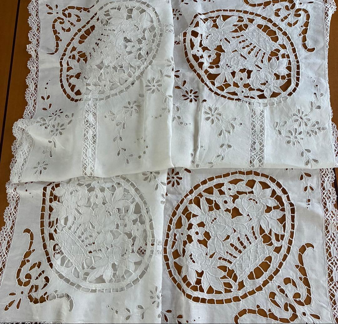 フランスアンティーク*手刺繍*花かご刺繍*テーブルクロス*カバー*ボビンレース