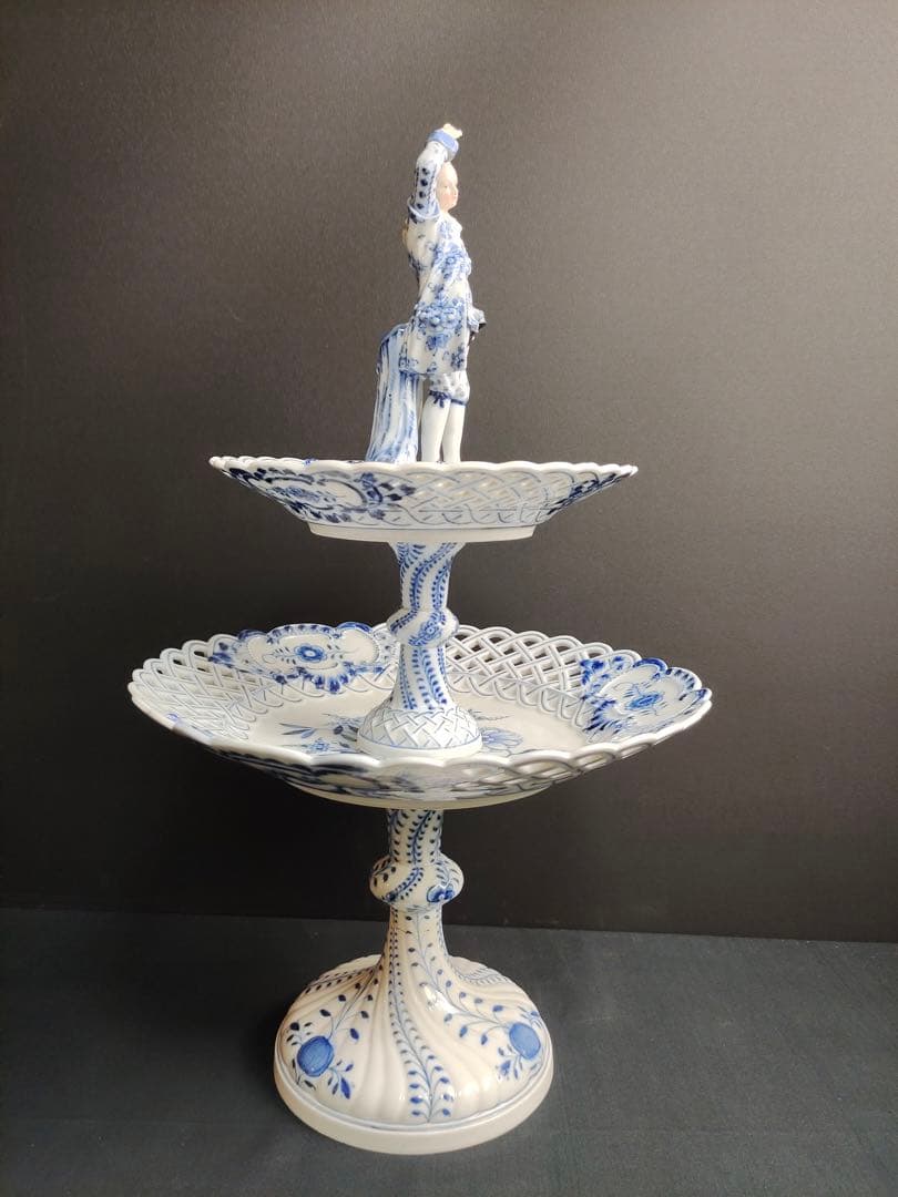 時代 マイセン ブルーオニオン 磁器 2段コンポート 飾り インテリア 修理あり