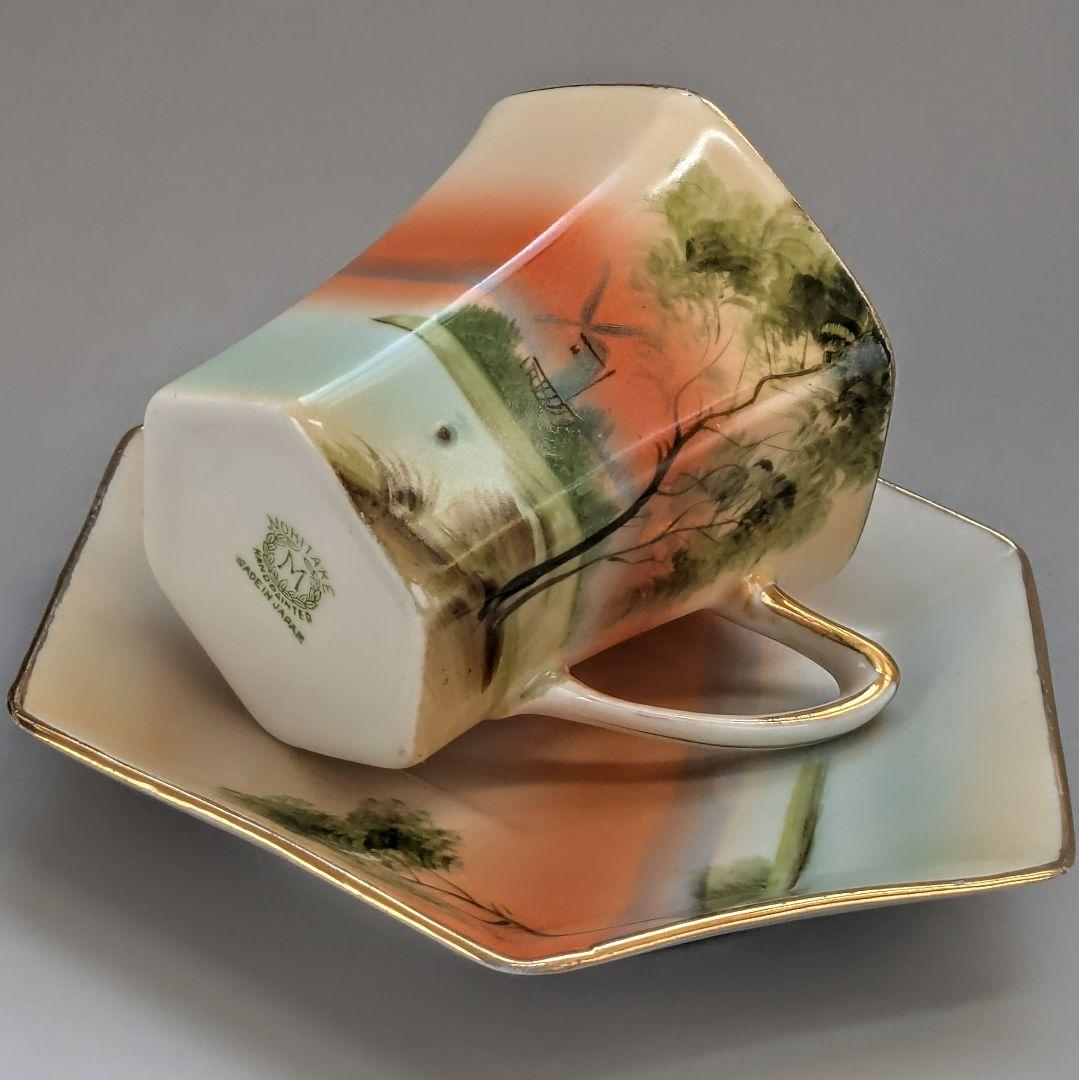 オールドノリタケ 金彩湖畔風景図　六角形ヘキサゴン　キャビネットカップ＆ソーサー