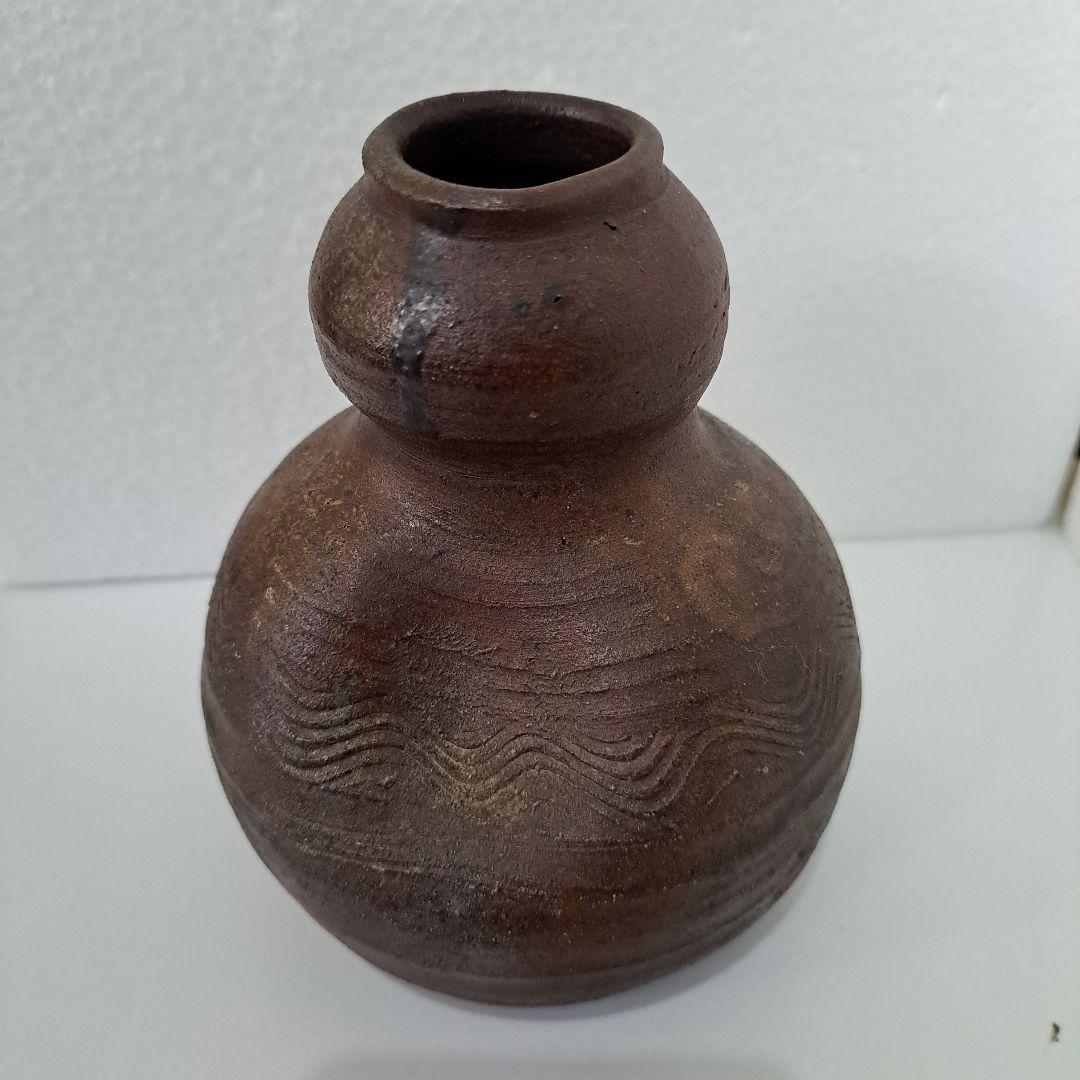 すずらん 桃山時代　古備前焼　花入 掛け用　瓢箪型　竹へら波図　茶道具