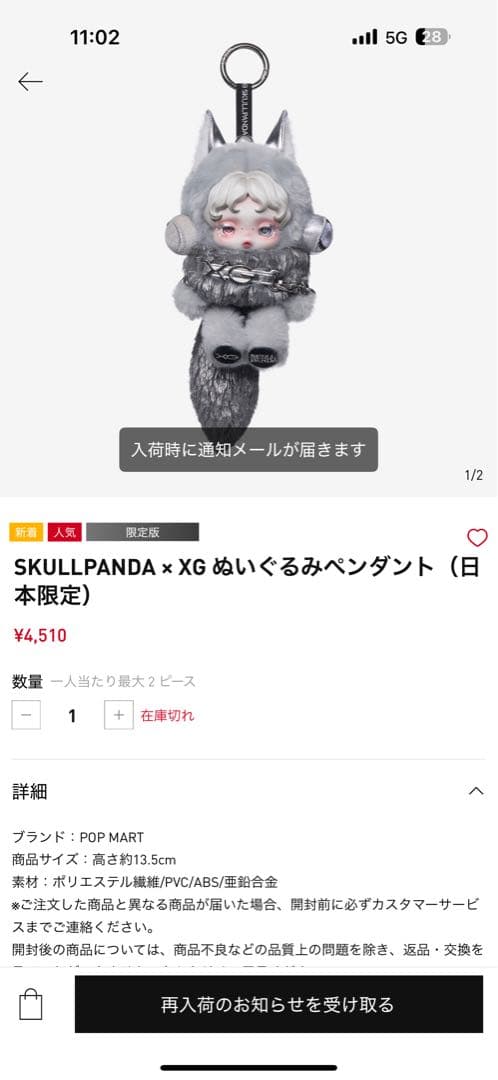 SKULLPANDA x XG ぬいぐるみペンダント 日本限定