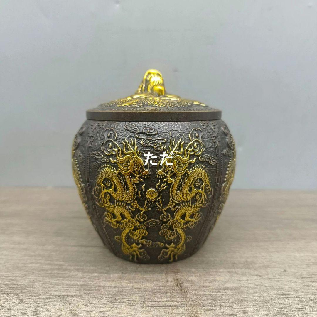 銅 細工 浮彫り双龍戯珠茶缶 貯蔵缶 茶道具 装飾品 工芸品 置物
