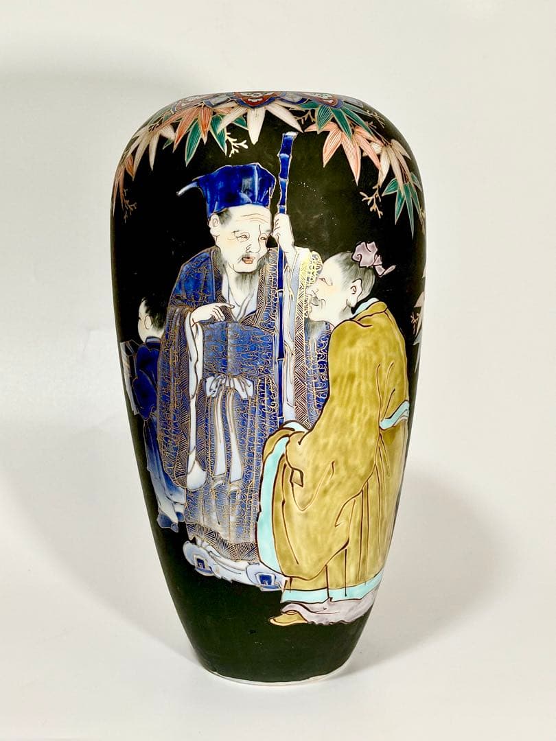 明治初期 香蘭社 褐地色絵竹林賢人図花瓶 有田焼 伊万里