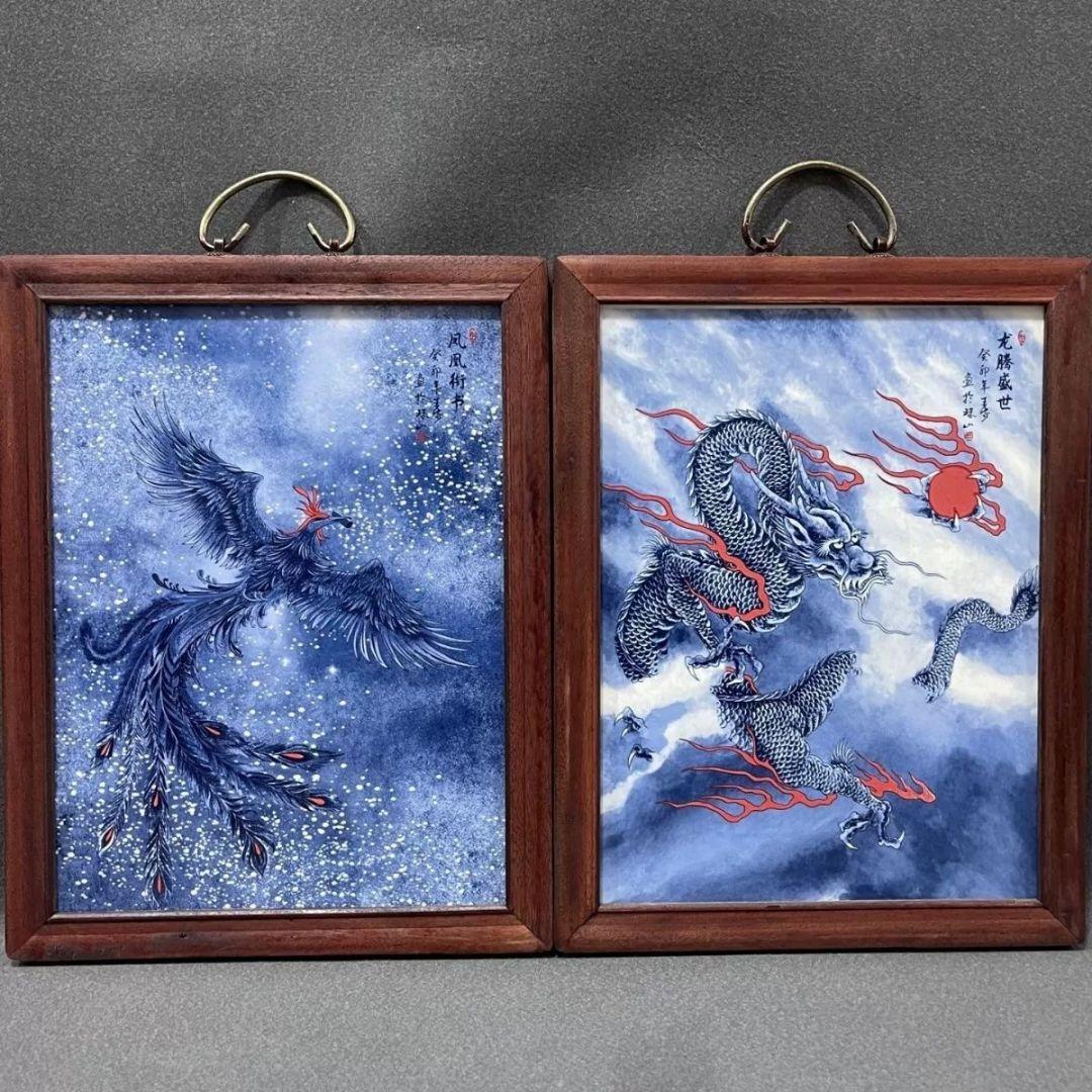 景徳鎮 青花王歩龍鳳呈祥 夜光陶板画応接間 書斎 茶室 装飾品 工芸品 置物