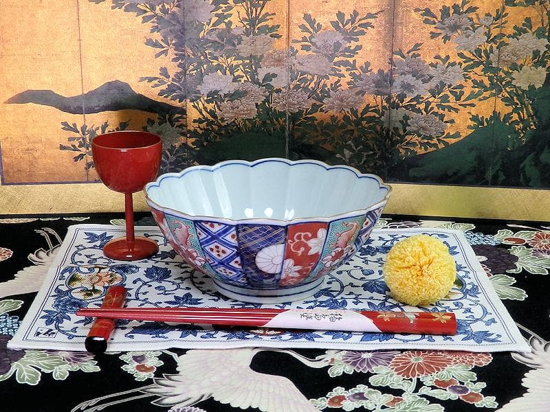 大聖寺伊万里　金襴手　寿紋に輪花楕円変形皿　大振向付　E704AS-CZk