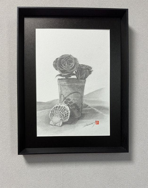 鉛筆アート「薔薇と二枚貝と陶器の湯呑」1点物、真筆