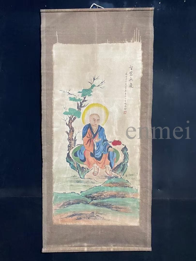 中国古美術・旧藏・明代風・丁雲鵬款・仏像図・絹本・中堂掛軸・純手描き・書画・骨董