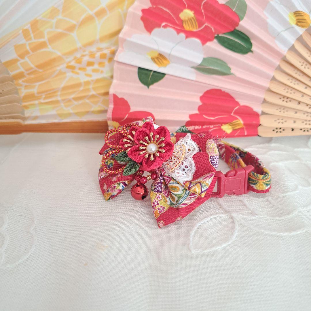 お正月、つまみ細工リボン(赤②)わんちゃん猫ちゃん用首輪