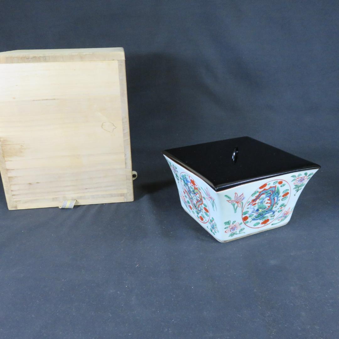 水指 色絵付け 角型 大明壽靖年製 龍 江戸期 中国骨董 赤絵