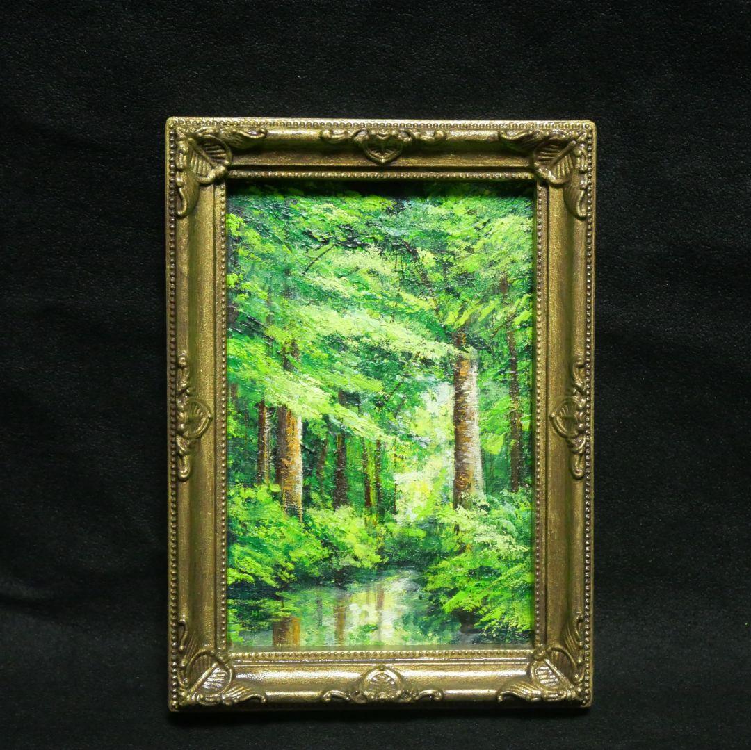 油絵 油彩 油彩画 絵 絵画 キャンバスパネル ミニ絵画【新緑の森】