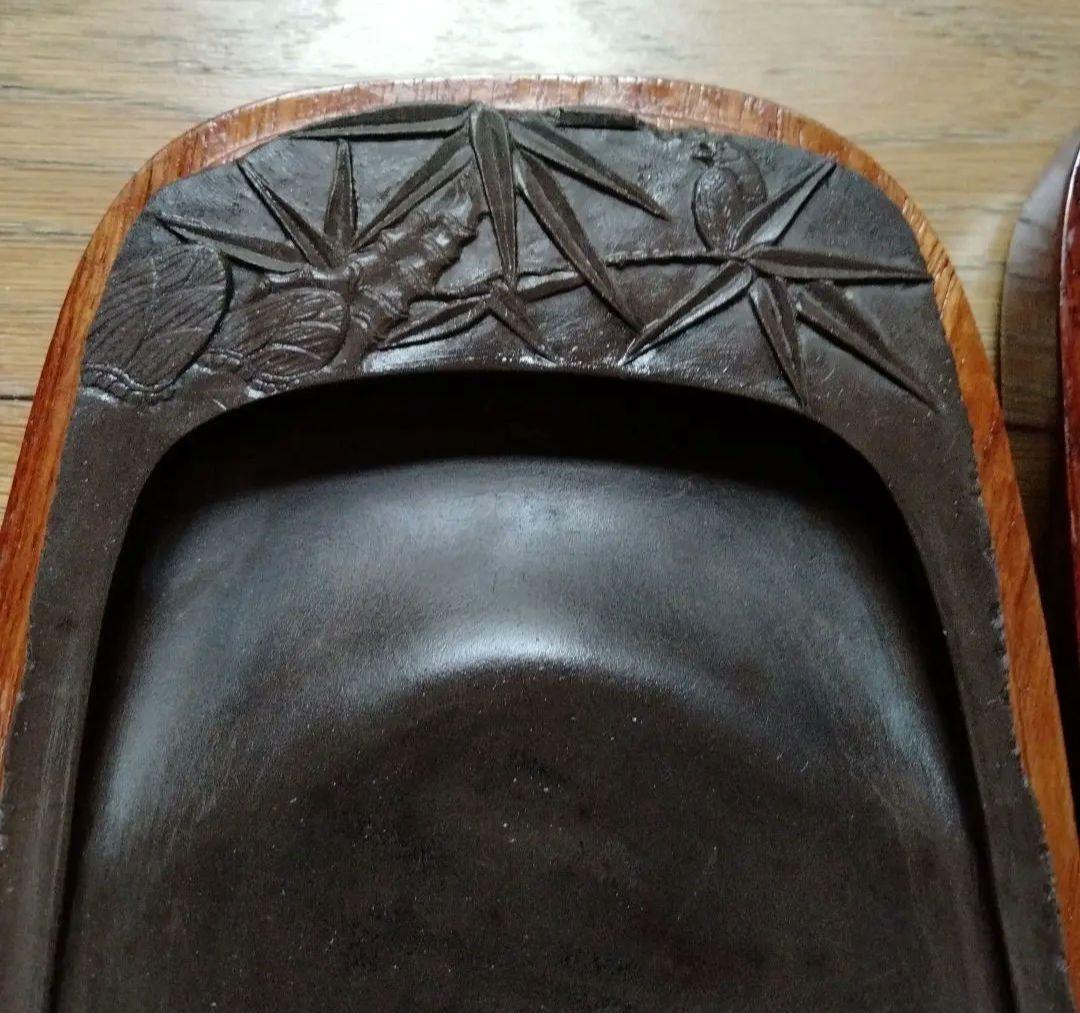 麻子坑 中国高級端渓名硯 珍しい筍竹雀図細工彫刻綺麗な唐木硯箱付最高品質端渓古硯