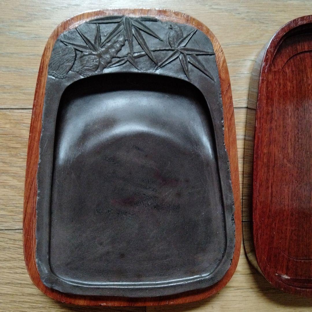 麻子坑 中国高級端渓名硯 珍しい筍竹雀図細工彫刻綺麗な唐木硯箱付最高品質端渓古硯