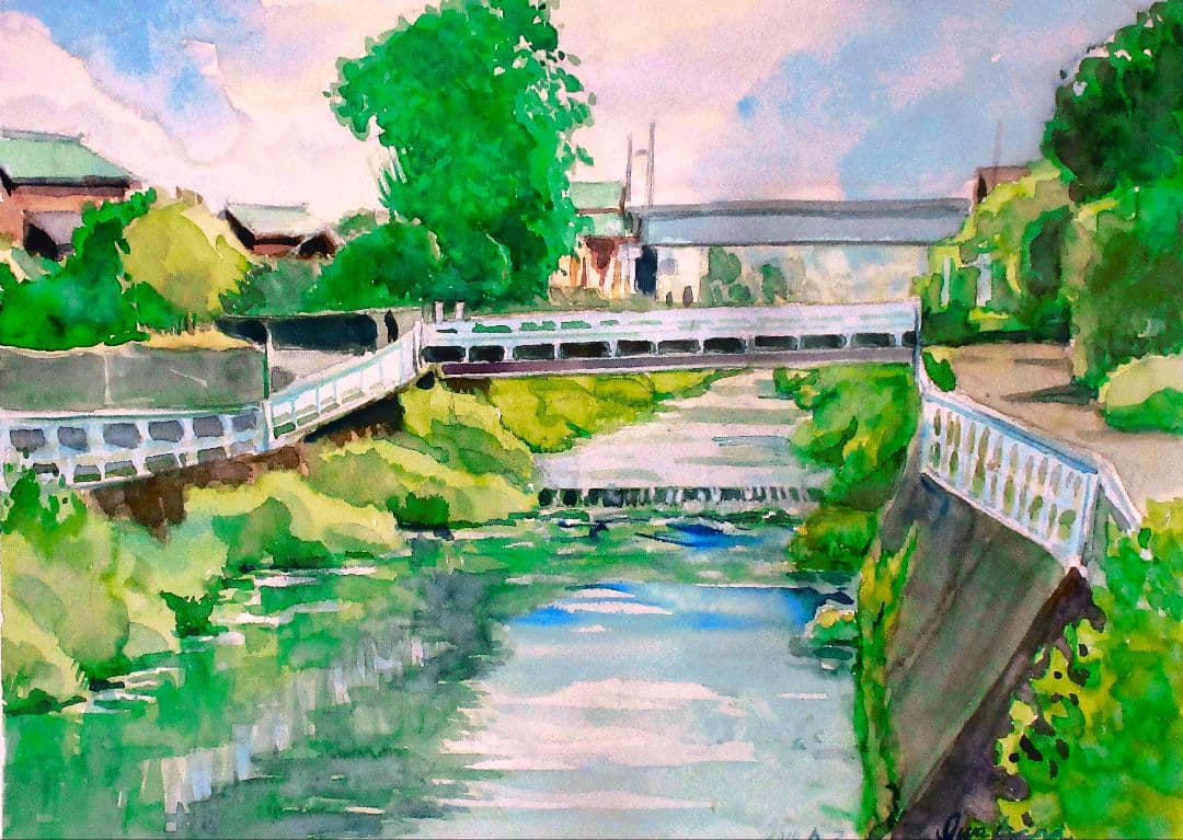 風景 水彩画 緑と青のトーン