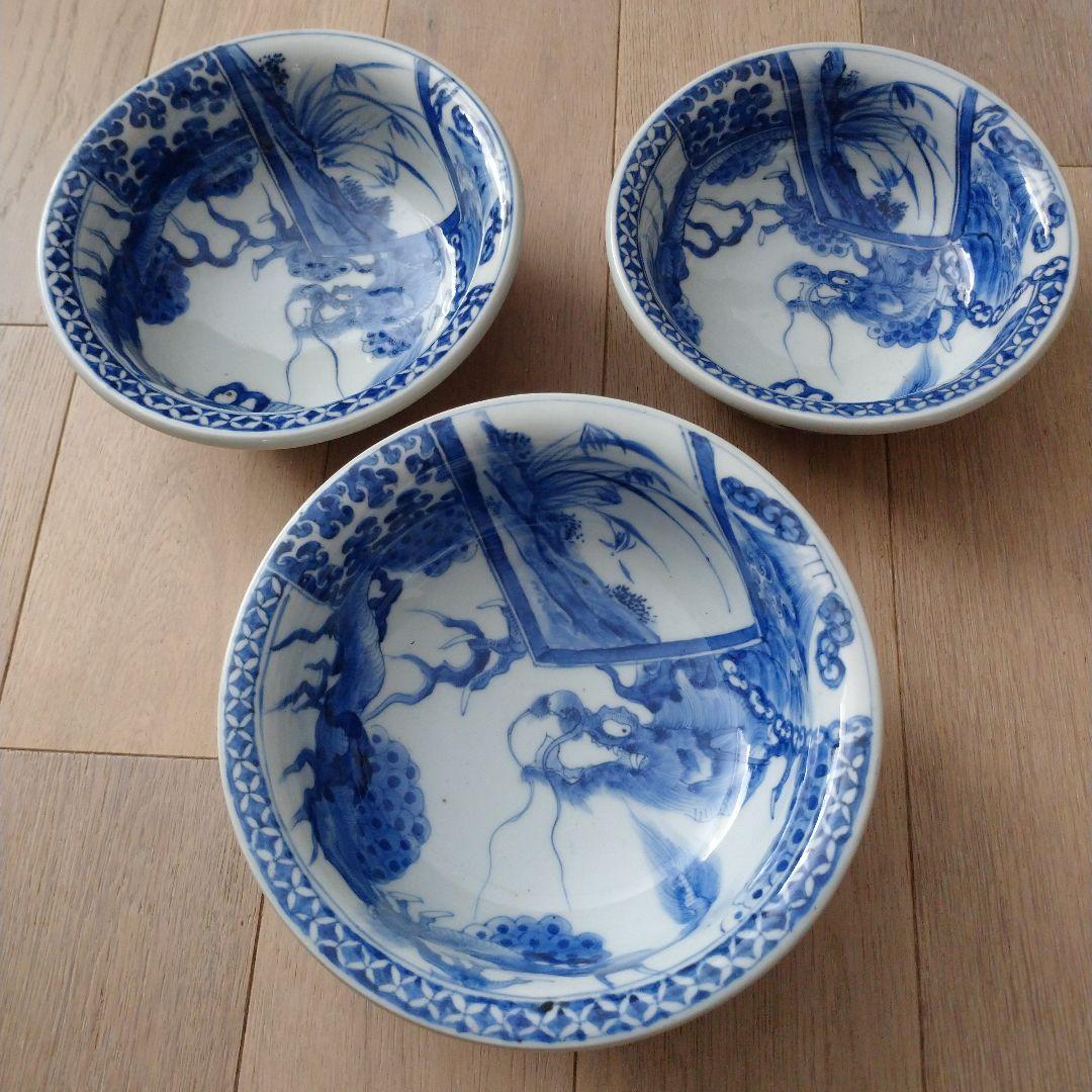 骨董　染付　龍　富士山　三つ組　入れ子鉢