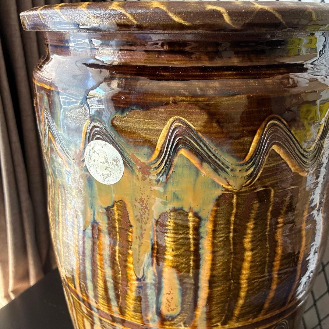 小鹿田焼　傘立て　高さ45㎝　櫛描き　刷毛目　飴　民藝