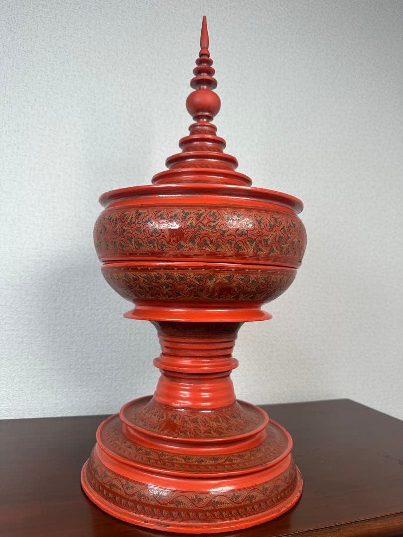 ミャンマー アンティーク 漆器 蒟醤 仏塔形 供物器 高さ約62cm ※31※