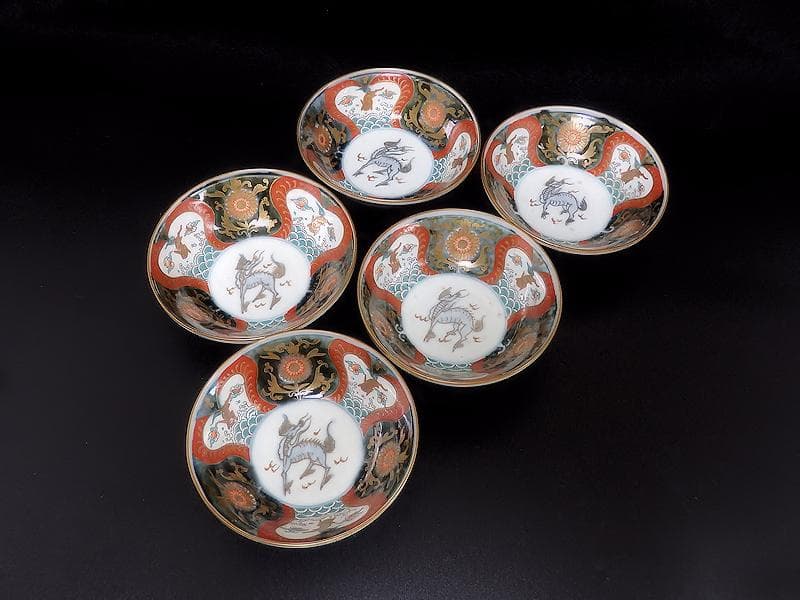 古伊万里　金襴手　波兎に花の図　膾皿　春寒鉢　５客　C961AS-BGd