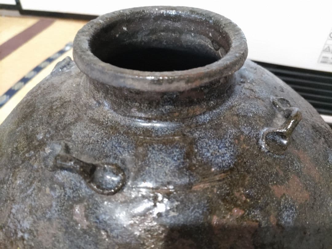 古唐津　叩き唐津　四耳壷　高26㎝　極薄作り1691ｇ