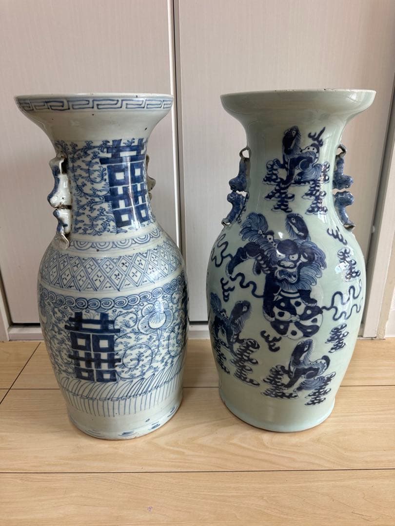 清時代　染付大花瓶　青華 獅子　骨董古美術