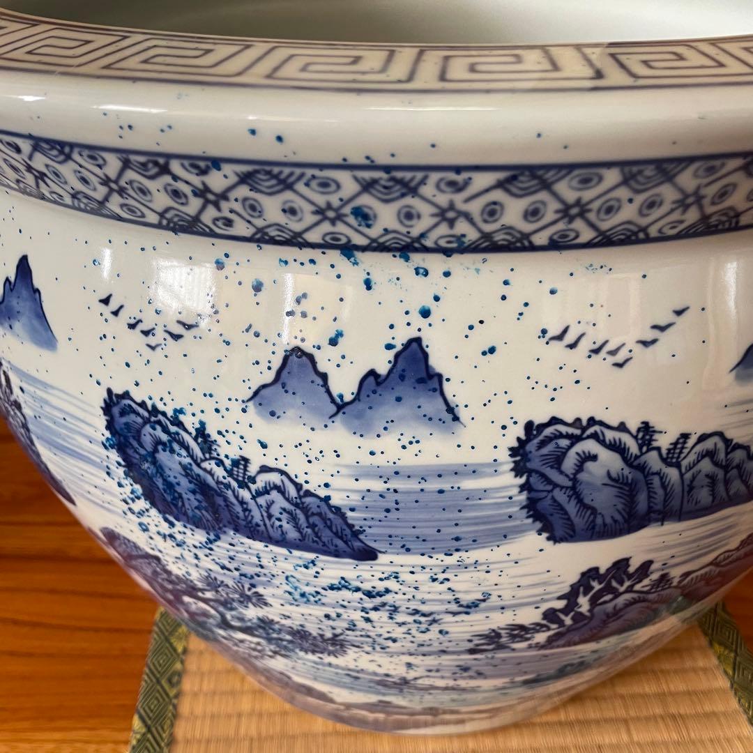 染付 山水図 火鉢 陶器 メダカ鉢 金魚鉢 睡蓮鉢 骨董品