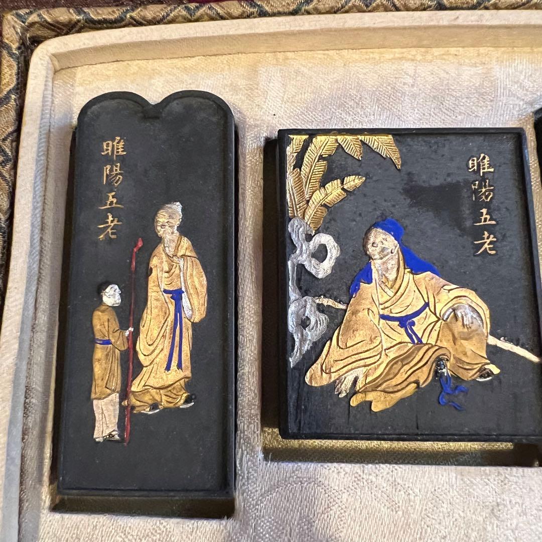 中国書画墨　小五老図古墨　未使用　5点組　中国書道具徽墨