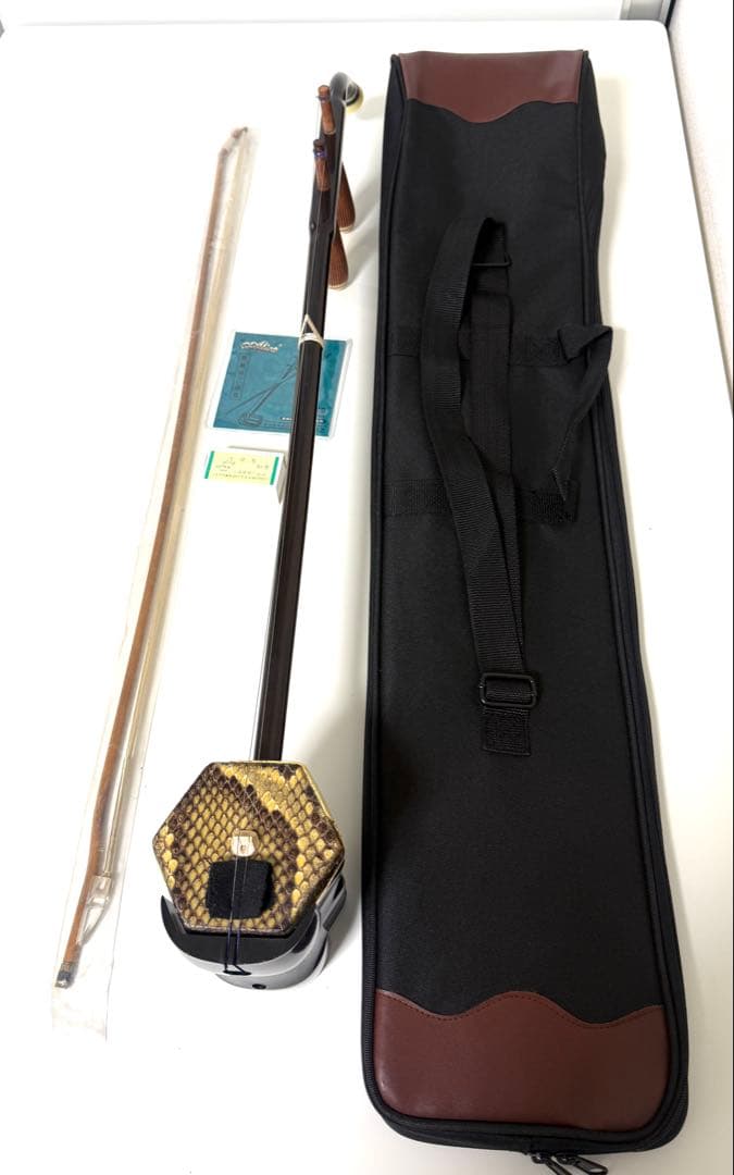 二胡 木製 六角形ケース、弓、予備弦、松脂付き