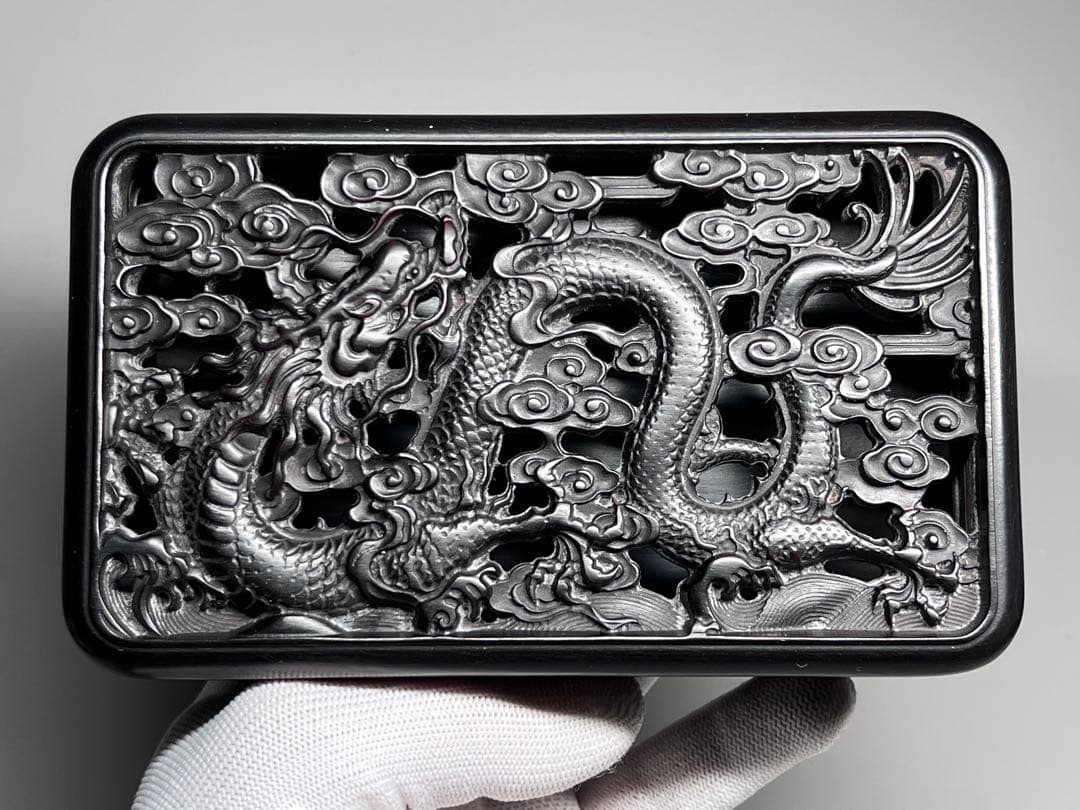 木製　小物入れ　香炉？　硯箱　巻雲龍紋　透彫　極細工　文房具　中国美術　唐木黑檀