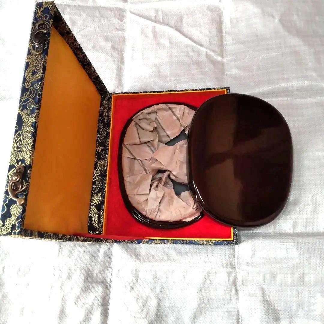 【貴重・未使用】書道 歙州硯 硯 水浪紋楕円硯 8寸 箱付