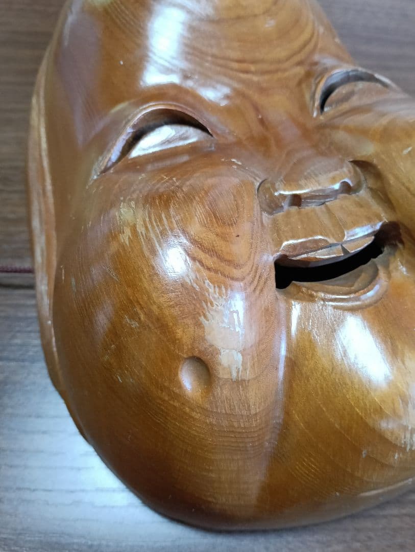 イケディア　骨董　木製面　おかめ 　手掘り　木彫り　壁掛け　お面　B