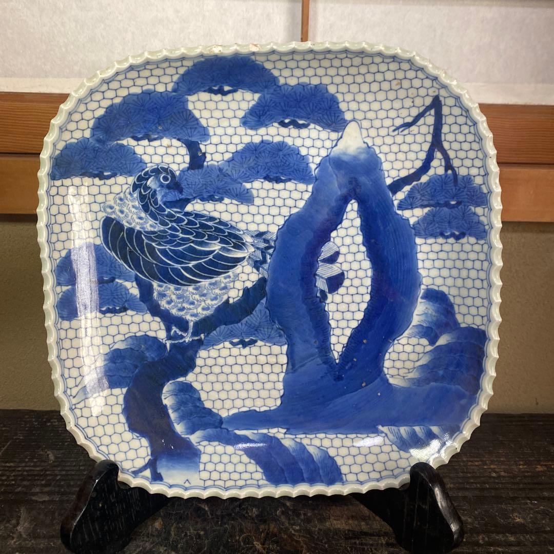 古伊万里江戸後期染付鷹狩り図大皿