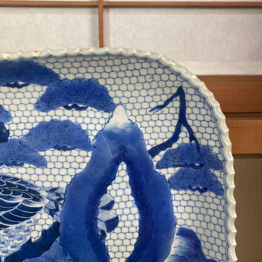 古伊万里江戸後期染付鷹狩り図大皿