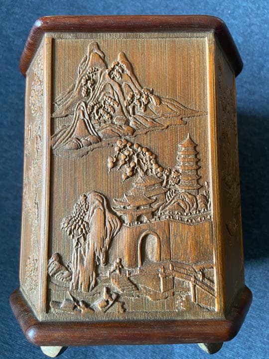 中国古美術品　細工彫り 竹筆筒