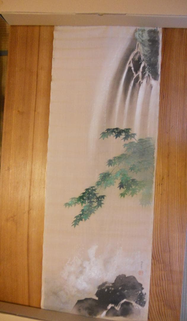 掛け軸 マクリ 長谷川竹友 滝に楓 日本画家 絹本肉筆 愛媛 未装 まくり 掛軸