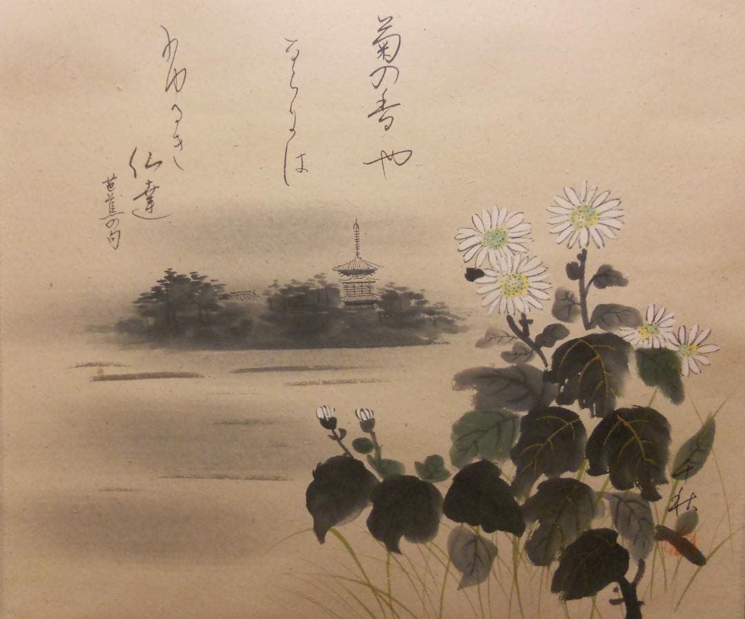 掛け軸 小栗千秋 『 野菊 』 芭蕉 俳画 紙本 希少 軸装 茶道具 掛軸 美品