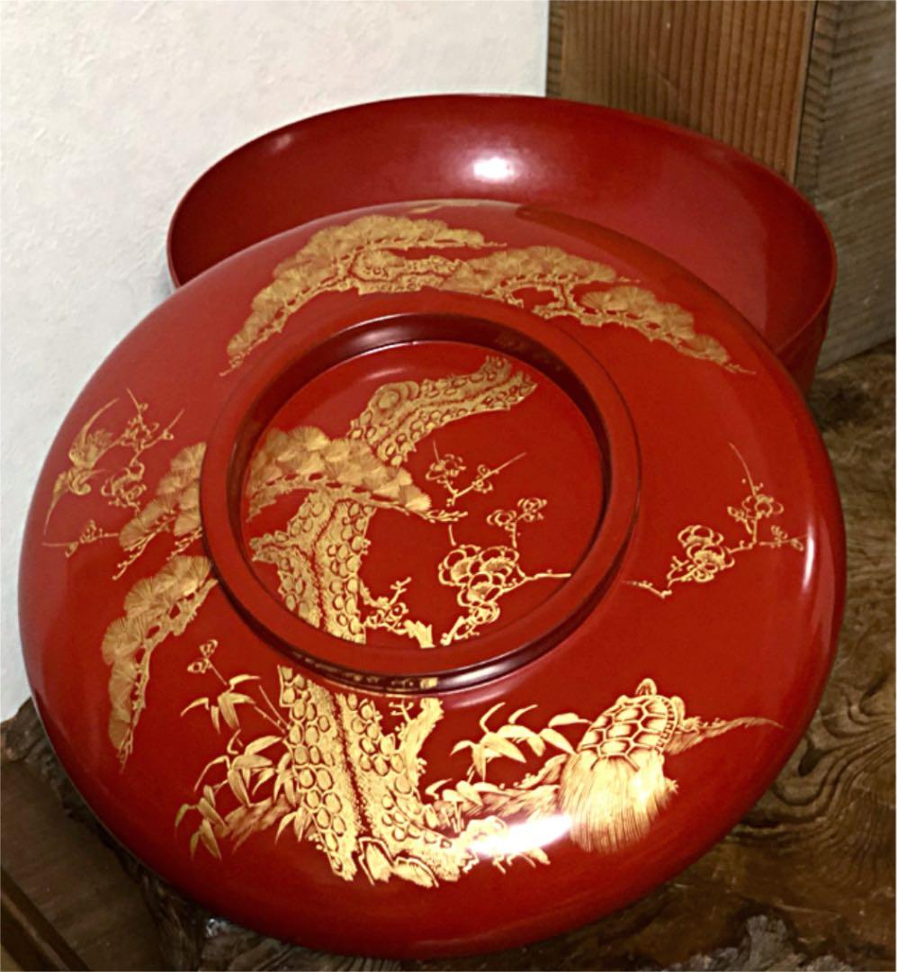 時代 蒔絵 朱塗り 金彩松竹梅 鶴亀 木製菓子鉢 合わせ箱付き